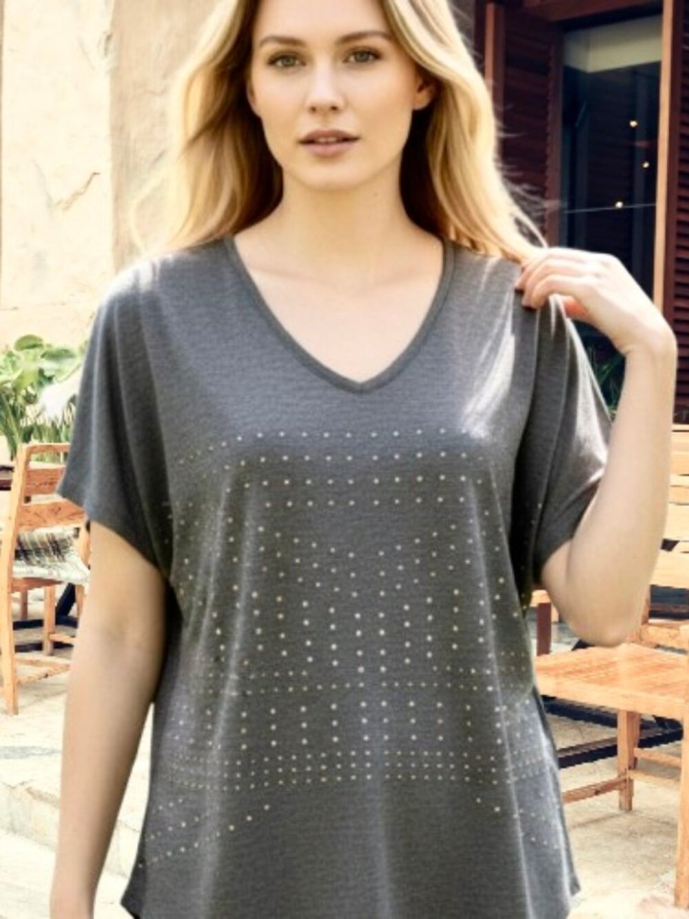 Apt 9 Gray Top V-Neck SEQUINS Glitter Short Cap Sleeve Womens Large